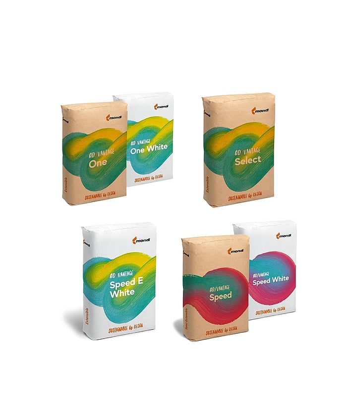Six Mondi packaging bags arranged in two rows against a light grey background, showing different product variants in brown and white. Each bag features a curved, multicolour graphic design (green, blue, yellow, or red tones) and the Mondi logo, representing a range of “Advantage” and “Speed” paper grades.